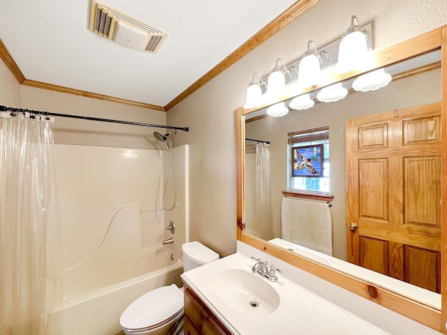 full bathroom featuring vanity, toilet, ornamental molding, and shower / bath combo with shower curtain