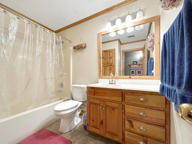 full bathroom featuring tile patterned flooring, crown molding, toilet, vanity, and shower / tub combo