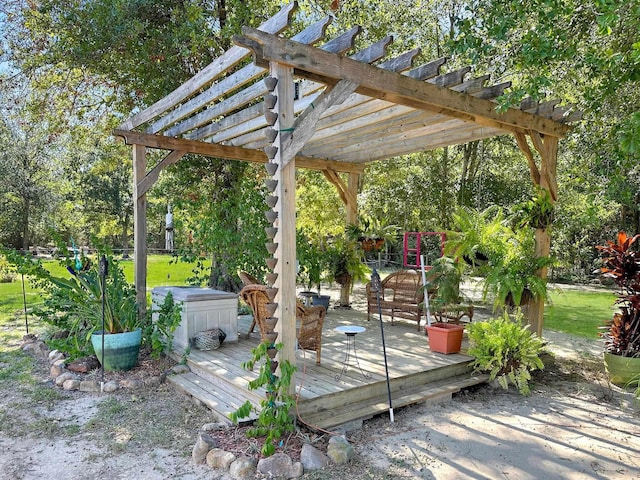 view of patio with a pergola and a deck