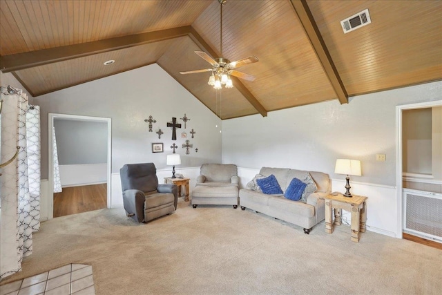 132 County Road 760, Buna, TX 77612 - carpeted living area featuring visible vents, lofted ceiling with beams, a ceiling fan, and wooden ceiling