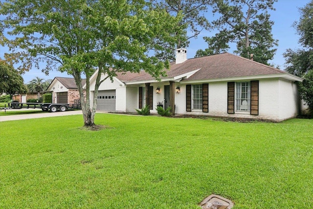 single story home with a garage and a front lawn