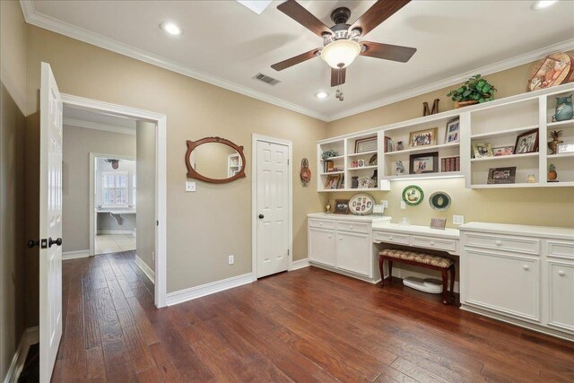 11 Regency Pl, Orange, TX 77630 - office with built in desk, a ceiling fan, crown molding, dark wood-style flooring, and baseboards