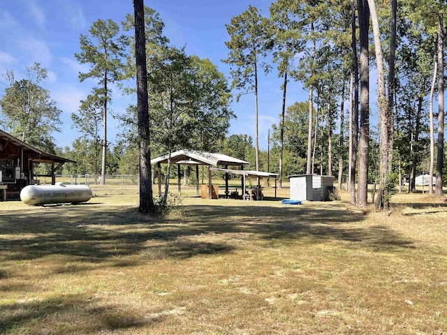 view of yard featuring a shed and a carport