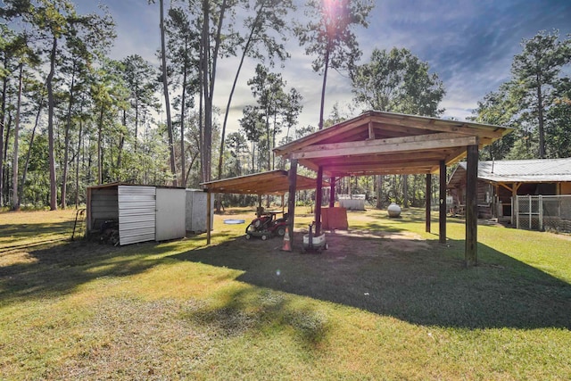 view of yard with a carport and a storage unit