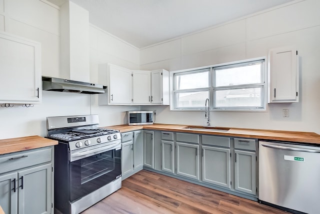 kitchen featuring sink, butcher block countertops, light wood-type flooring, appliances with stainless steel finishes, and gray cabinets