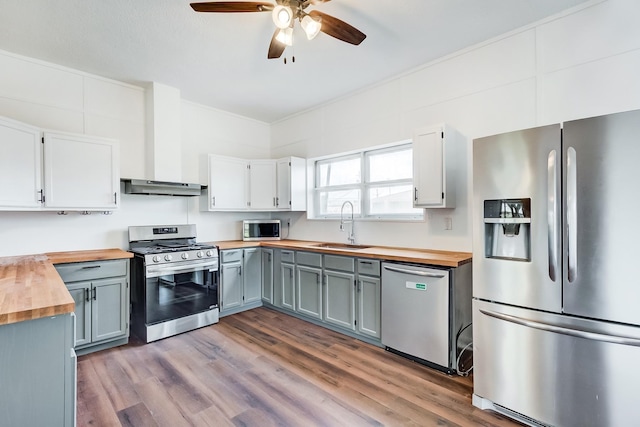 kitchen featuring hardwood / wood-style floors, wood counters, sink, gray cabinetry, and stainless steel appliances