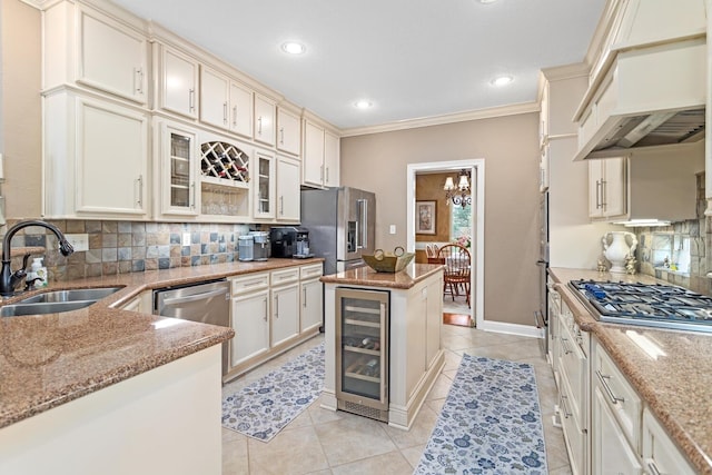 2425 Amberwood Dr, Beaumont, TX 77713 - kitchen with light tile patterned flooring, light stone countertops, beverage cooler, a sink, and backsplash