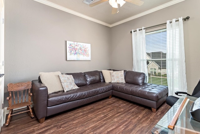 2425 Amberwood Dr, Beaumont, TX 77713 - living area with crown molding, ceiling fan, and wood finished floors