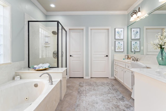 2425 Amberwood Dr, Beaumont, TX 77713 - bathroom with crown molding, a stall shower, and a jetted tub