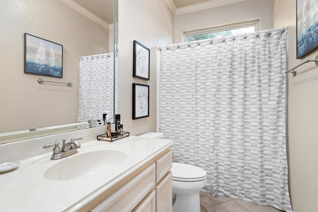 2425 Amberwood Dr, Beaumont, TX 77713 - full bathroom featuring vanity, ornamental molding, toilet, tile patterned floors, and a shower with curtain