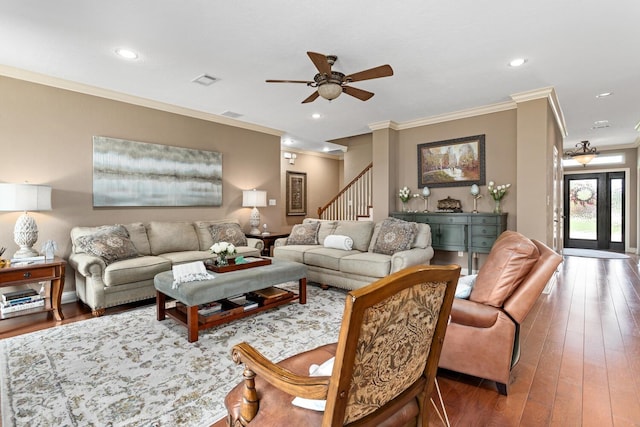 2425 Amberwood Dr, Beaumont, TX 77713 - living area with ceiling fan, ornamental molding, wood-type flooring, and visible vents