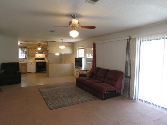 living room with ceiling fan and carpet flooring