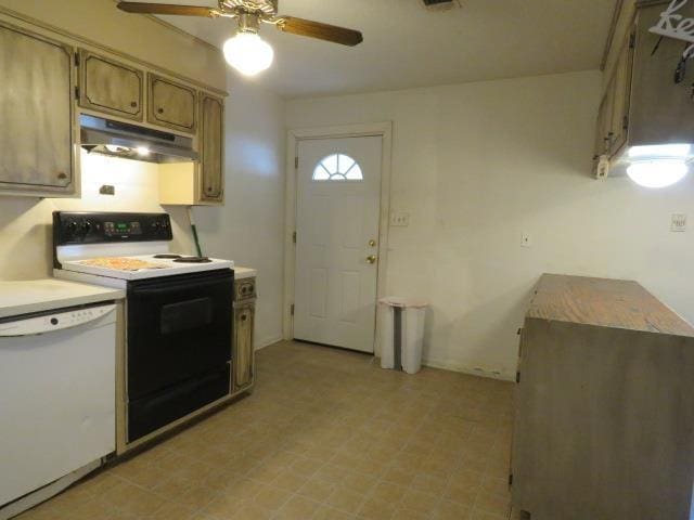 kitchen with white dishwasher, electric range oven, under cabinet range hood, light countertops, and ceiling fan