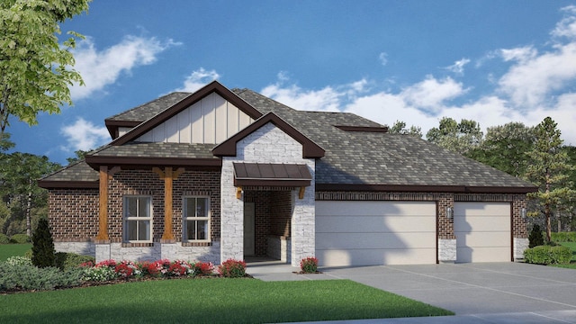 175 Sycamore Ct, Lumberton, TX 77657 - view of front facade with a garage, stone siding, driveway, board and batten siding, and a standing seam roof