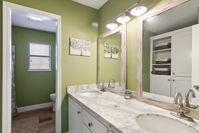 bathroom featuring hardwood / wood-style flooring, vanity, and toilet