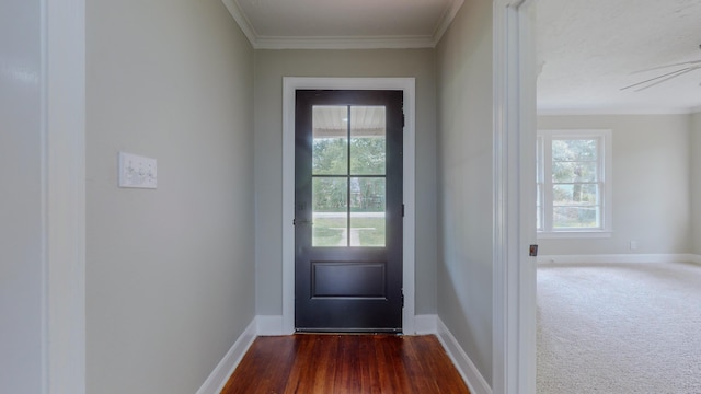 doorway with a wealth of natural light, crown molding, ceiling fan, and dark carpet