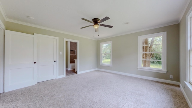 unfurnished bedroom featuring multiple windows, ceiling fan, light colored carpet, and ornamental molding