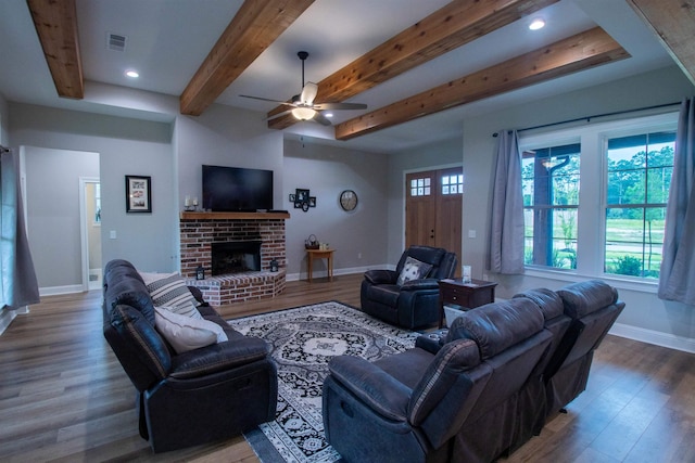 245 Balsam Bnd, Lumberton, TX 77657 - living area with baseboards, a ceiling fan, wood finished floors, beamed ceiling, and recessed lighting