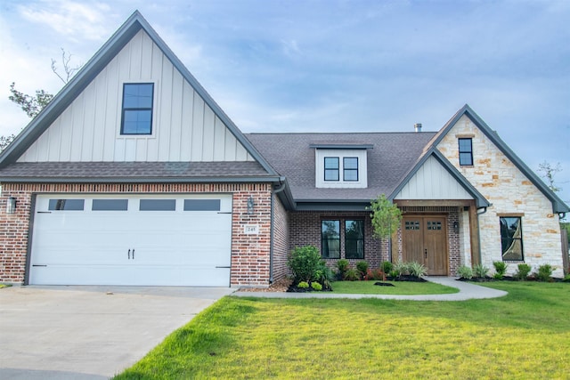 245 Balsam Bnd, Lumberton, TX 77657 - view of front of house with board and batten siding, a shingled roof, brick siding, and a front lawn