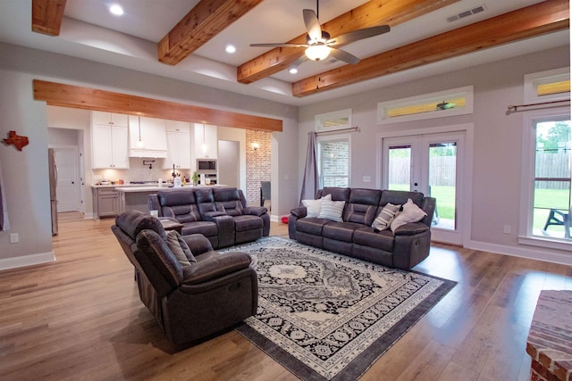 245 Balsam Bnd, Lumberton, TX 77657 - living room featuring beam ceiling, light wood-style floors, baseboards, a ceiling fan, and recessed lighting