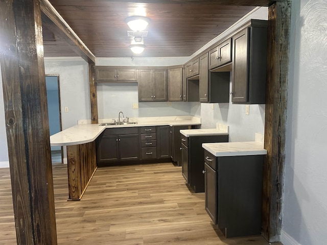 127 Hilldale Dr, Nederland, TX 77627 - kitchen with a sink, light wood finished floors, baseboards, a peninsula, and dark brown cabinetry