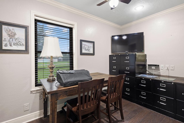 1911 Huntsman St, Orange, TX 77632 - office space with dark wood finished floors, a ceiling fan, ornamental molding, a textured ceiling, and baseboards