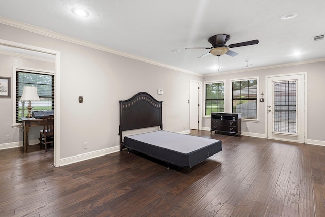 1911 Huntsman St, Orange, TX 77632 - bedroom featuring dark wood-style flooring, crown molding, baseboards, recessed lighting, and ceiling fan