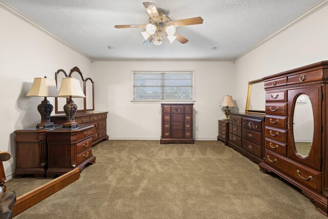1911 Huntsman St, Orange, TX 77632 - bedroom with ornamental molding, a textured ceiling, carpet flooring, baseboards, and a ceiling fan