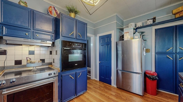 2635 Gladys Ave, Beaumont, TX 77701 - kitchen with tasteful backsplash, stainless steel appliances, blue cabinets, under cabinet range hood, and ornamental molding