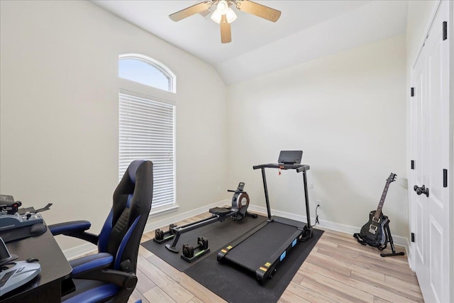 7820 N Windemere Dr, Beaumont, TX 77713 - exercise area with a ceiling fan, vaulted ceiling, light wood-style floors, and baseboards