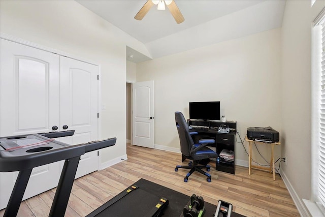 7820 N Windemere Dr, Beaumont, TX 77713 - home office featuring ceiling fan, light wood-type flooring, baseboards, and vaulted ceiling