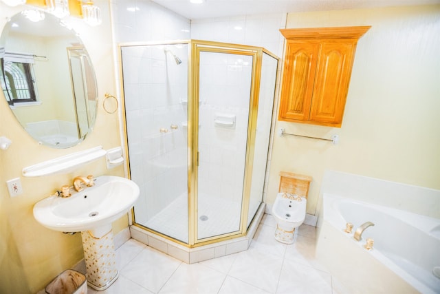 bathroom featuring plus walk in shower and tile patterned flooring