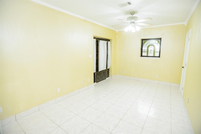 unfurnished room featuring light tile patterned flooring, ceiling fan, and ornamental molding