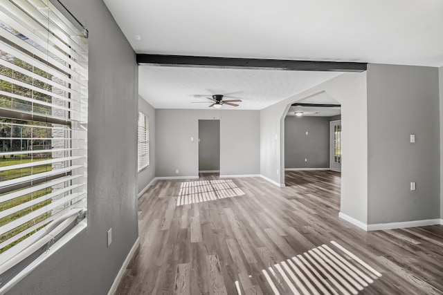 interior space featuring beam ceiling, ceiling fan, and hardwood / wood-style floors