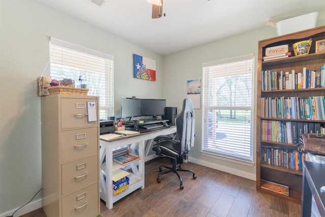 310 Medford Ln, Vidor, TX 77662 - office space with baseboards, visible vents, wood finished floors, and a ceiling fan