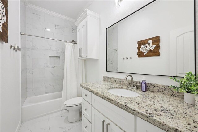 14990 Michelle Ln, Beaumont, TX 77713 - full bathroom featuring marble look tiles, vanity, toilet, shower / bath combination with curtain, and ornamental molding