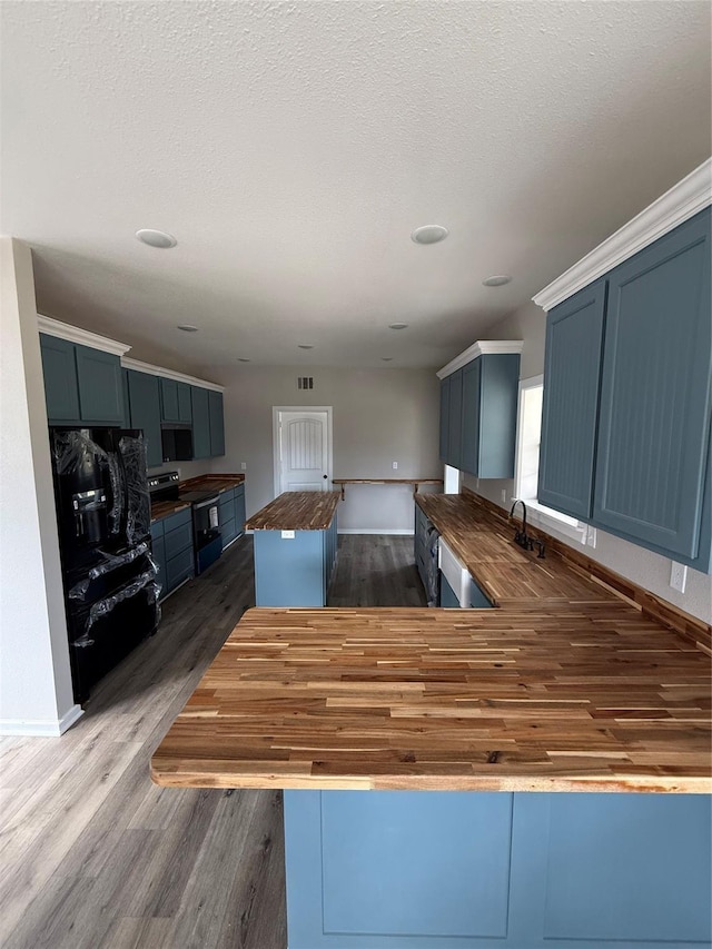 kitchen featuring blue cabinetry, butcher block counters, electric range, dark hardwood / wood-style floors, and kitchen peninsula