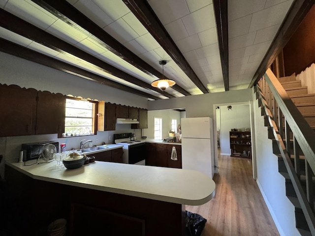 kitchen with sink, light hardwood / wood-style flooring, kitchen peninsula, pendant lighting, and white appliances