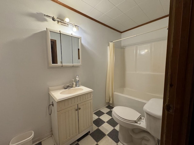 full bathroom featuring vanity, crown molding, shower / bathtub combination with curtain, and toilet