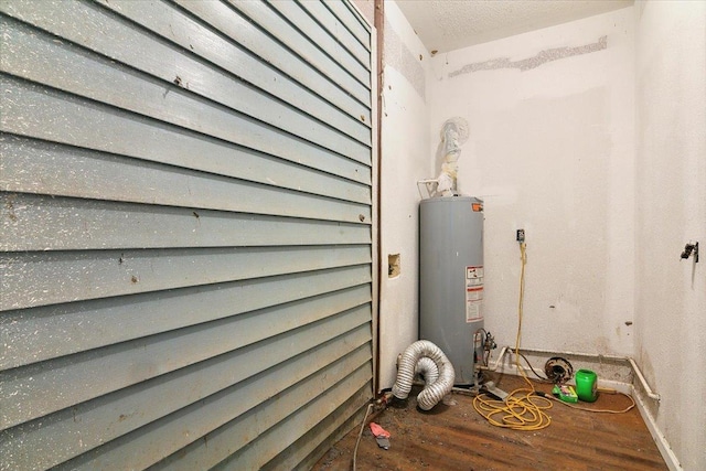 interior details featuring water heater and wood-type flooring