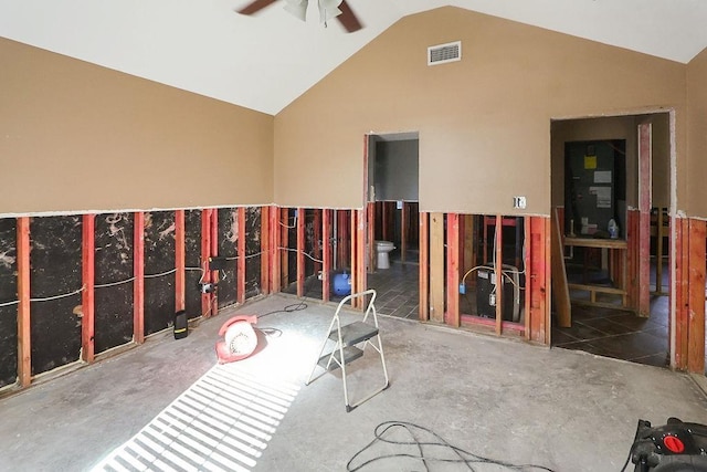 miscellaneous room with ceiling fan and lofted ceiling