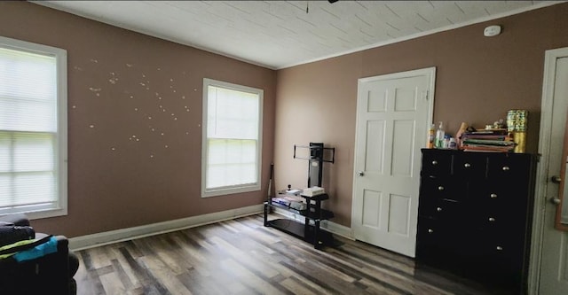 misc room with baseboards, plenty of natural light, ornamental molding, and wood finished floors
