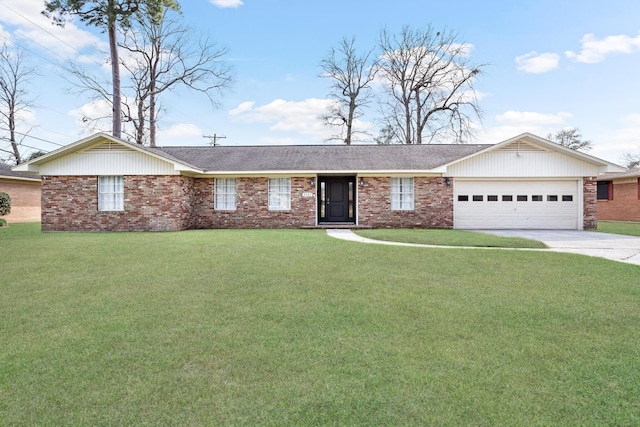 single story home featuring a garage and a front yard