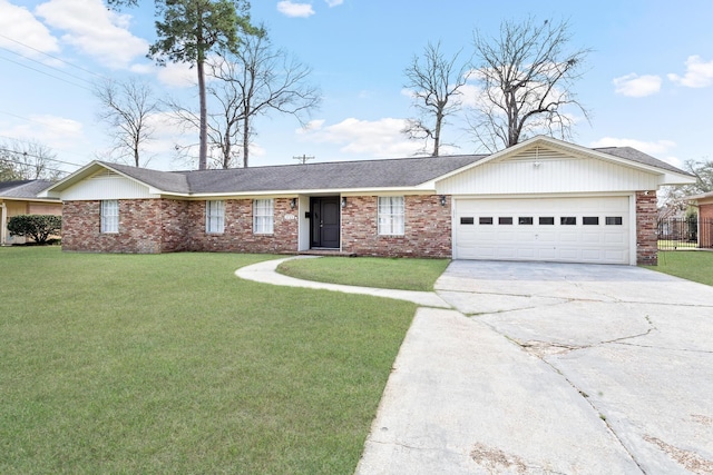 ranch-style house with a garage and a front lawn