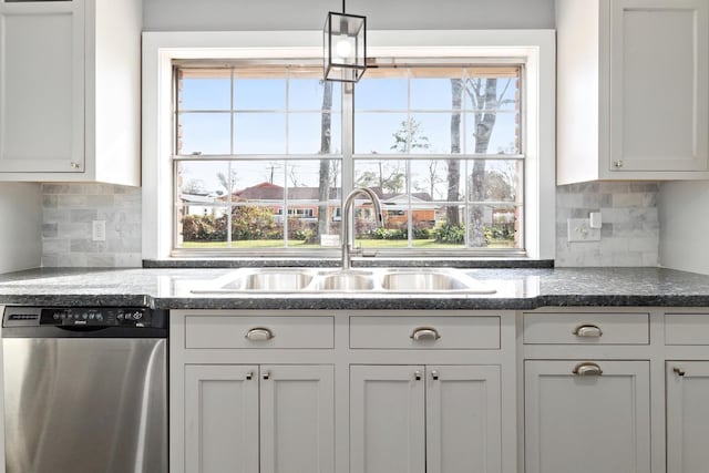 kitchen featuring sink, stainless steel dishwasher, white cabinets, and decorative backsplash