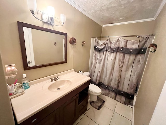 7521 Puntes Ln, Silsbee, TX 77659 - bathroom featuring toilet, vanity, ornamental molding, and a textured ceiling