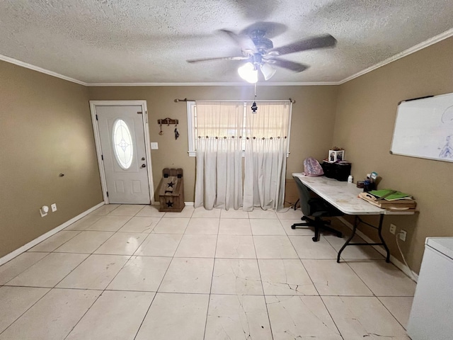 7521 Puntes Ln, Silsbee, TX 77659 - foyer with a ceiling fan, light tile patterned flooring, crown molding, and a textured ceiling