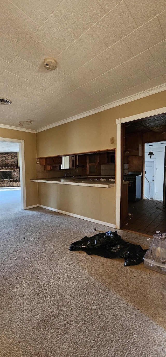 unfurnished living room with crown molding and carpet flooring