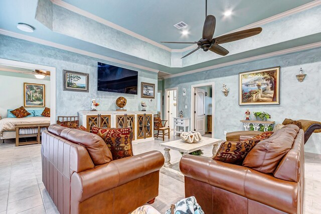 tiled living room with crown molding