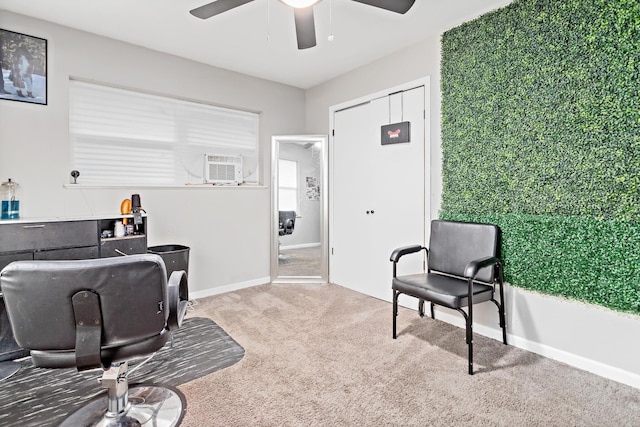 carpeted home office with ceiling fan